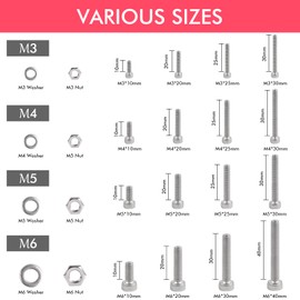 JatilEr 240 Pcs M3 M4 M5 M6 Hexagon Socket Bolts and Nuts Set, 304 Stainless Steel Hex Socket Head Cap Screws and Washers Set Mechanical Hexagon Screws Nuts Assort Kit for Auto Furniture Industrial