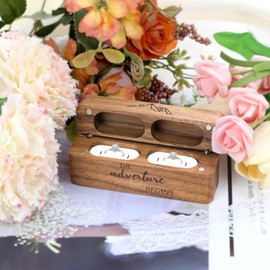 Wooden 2 Ring Folding Box Wedding Rustic Solid Walnut Wood Jewellery Storage Box Vintage Style with Engraving and Ring Holder (Brown Rectangle-2)