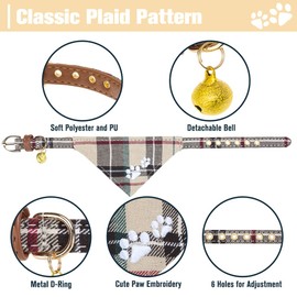 EXPAWLORER Dog Collar and Leash Set - Embroidery Pawprints Plaid Dog Collar and Dog Leash No Free, Bow Tie and Bandana Dog Collar with Bell, Collar and Leash for Dogs Cats Outdoor Walking, Beige SM
