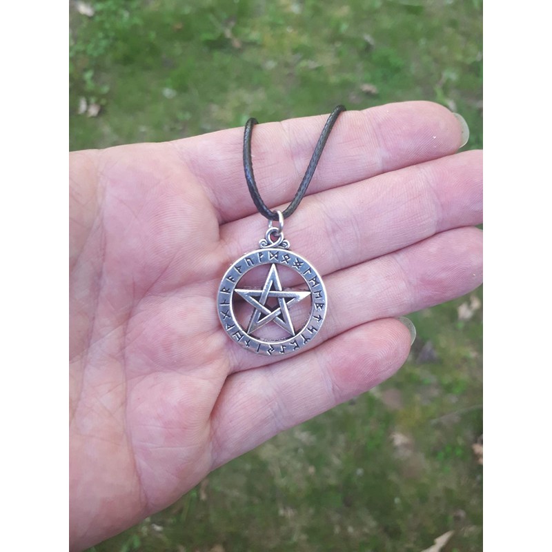Pentacle Runes Necklace Wiccan Pagan - Pentagram Viking Elder Futhark