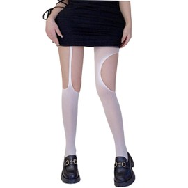 Mrotrida Women's Ripped Tights Gothic Punk Perforated Stocking Y2k Ragged Pantyhose Hosiery (US, Alpha, One Size, Regular, Regular, White2)