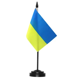 Anley Ukraine Deluxe Desk Flag Set - 6 x 4 Inch Miniature Ukrainian UKR UA Desktop Flag with 12" Solid Pole - Vivid Color and Fade Resistant - Black Base and Spear Top