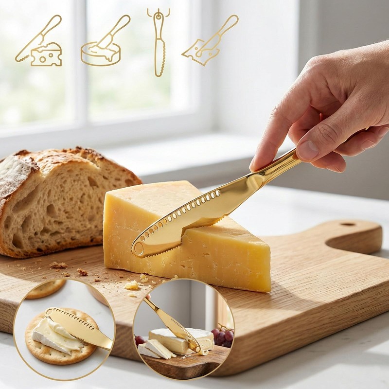 Q Qaangsd 2 gold-plated perforated cheese knives, butter knives, 3-in-1