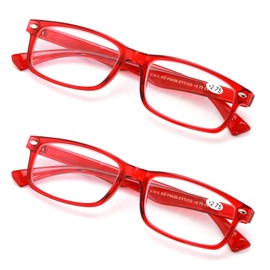 2 Pairs Casual Rectangular Reading Glasses - Stylish Simple Readers Magnification Transparent Blue Red (2 Red, 1.00)