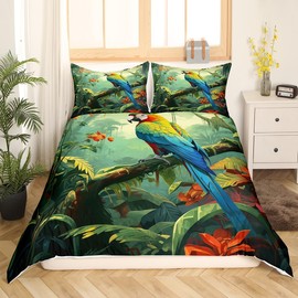 Homewish Bettbezug 140 x 200 cm, 3D-Papagei mit 1 Kissenbezug, Bettwäsche, tropischer Dschungel, Bettbezug-Set, buntes Vogel, Tagesdecke, Palmblätter, Wildtiere