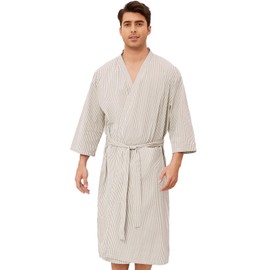 Men's Cotton Lightweight Bath Robe with Pockets, Soft Summer Mens Bathrobe, Comfy Spa Pool Hotel Gift Kimono Robe for Men, Brown, Large
