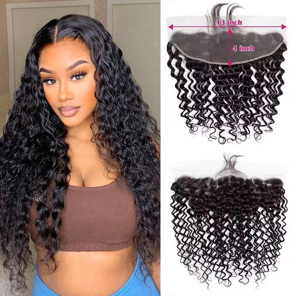 13x4 HD Lace Frontal Human Hair 20 Inch Deep Wave Frontal Pre Plucked with Baby Hair Ear to Ear Transparent Lace Frontal Closure 100% Unprocessed Brazilian Virgin Human Hair Frontal 1B Natural Black