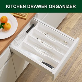 Bellsal White Utensil Organizer 10 Inch Silverware Tray for Drawer Utensil Holder Cutlery Organizer Kitchen Drawer Organizer 5 Compartment Small Narrow Bamboo