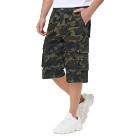 BEST SOUTH Men's Capri Long Twill Cargo Shorts Below Knee 13 Inches Cotton Relaxed Fit Casual Multi-Pocket Army Green Camo 36