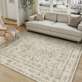 PureCozy Taupe 4x6 Entryway Rug Vintage Area Carpet Indoor Office Washable Door Mat Entrance Small Low Pile Traditional Distressed Retro Accent Throw Rug Non Slip Kitchen Bathroom