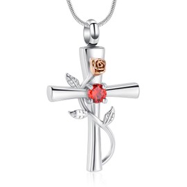 Minicremation Cross Urn Necklace for Ashes Birthstone Rose Flower Cremation Jewelry for Women Gilrs Keepsake Memorial Ashes Pendant