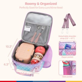Bagseri Kids Lunch Bag with Shoulder Strap - Insulated Crossbody Girls Lunch Box for School & Travel, Reusable Large Meal Tote with Bottle Holder, Fits Bento Box, Purple Mermaid Tail