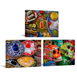 iKNOW FOTO 3 Piece Canvas Wall Art Day of the Dead Colorful Skulls and Mexican Sombreros Mexico Food Prints Home Decor Living Room Ready to Hang Each Panel 12x16 Inches