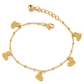 COOLSTEELANDBEYOND Stainless Steel Gold Color Anklet Bracelet with Dangling Charms of Hearts and Jingle Bell, Length 8.46-9.65", Metal, no gemstone
