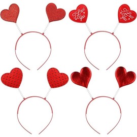 4pcs Love Heart Headband Glitter Red Heart Head Boppers Valentines Day Hair Bands Hair Hoops Party Costume Accessories for New Year Wedding (Red, One size)