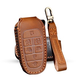 KULCSOK Leather Key Fob Cover Compatible with Hyundai 2019 2020 2021 Sonata Nexo 2022 Tucson 2023 Palisade Santa Fe Car Key Case Fob Holder Key Bag Keychain 7 Button Brown