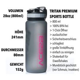 ace2b Water Bottle 800 ml Sports & Fitness with Shaker Ball for Protein Shakes + Strainer I Sports Bottle for Gym Bicycle Outdoor I Tritan BPA Free, Leak-Proof