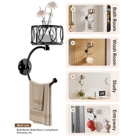 Hand Towel Holder for Bathroom, Towel Hooks for Bathroom with Candle Holder, Wall Mounted Towel Hook for Hanging, Rustic Wall Towel Ring, Towel Racks for Bathroom Decor and Accessories, Black