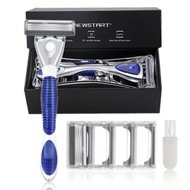 Men's Shaver, T-Shaped, 6 German Blades, Deep Shaving, Washable with Water and Bath, Main Unit, Includes 2 Replacement Blades, Razor (Blue)