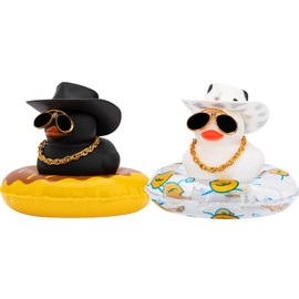 wonuu 2Pcs Car Dashboard Decorations Color Ducks, Rubber Duck for Car Ornament Accessories with Mini Hat Sunglasses Necklace and Swim Ring, A_Black&White Duck+Black Cowboy&Black Spots Cowboy