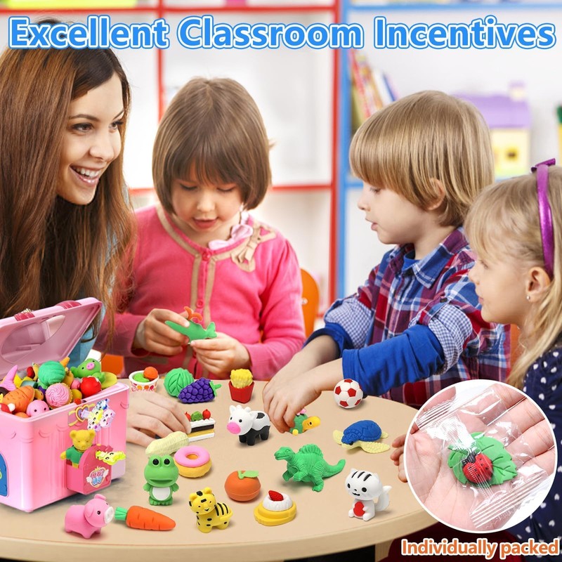 HINZER 100 Pack Animal Erasers for Kids Bulk Pull Apart