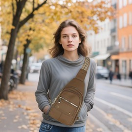 MICOM Sling Bag,Anti Theft Crossbody Packs for Women,Leather Sling Bag for Travel,Crossbody Purses with Adjustable Strap (Khaki)