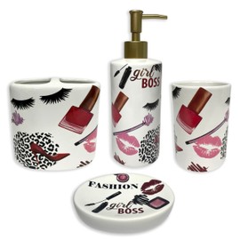 Paris Fashion 4 Piece Bathroom Accessories Set - Soap Dispenser, Tumbler, Toothbrush Holder, Soap Dish - Luxury Decor - Stylish, Complete Countertop Remodel and Bath Finds- Ceramic Modern Design