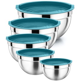 P&P CHEF Mixing Bowls with Blue Lids Set, Stainless Steel Nesting Salad Bowl for Fruits Egg Cream Mixing, Size 4.6, 3, 1.5, 1, 0.7 QT, Refrigerator & Dishwasher Safe
