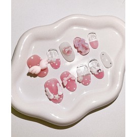 Vintage pink dot handmade nail tips - short coffin / 빈티지 핑크 도트 수제네일팁 - 숏코핀