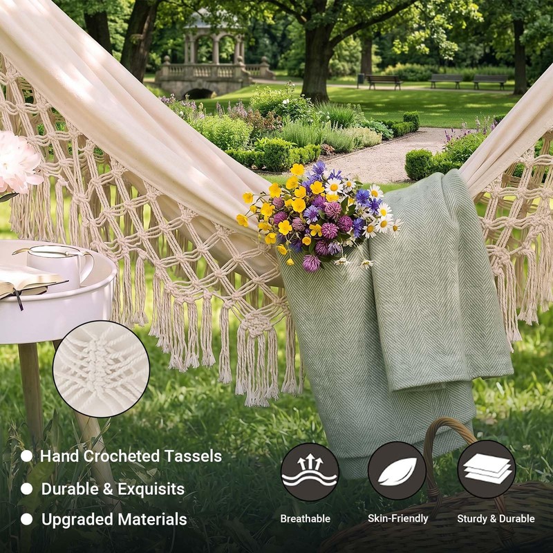 Canvas Tassel Hammock Bohemian White Double 2-Person — GRSECPO