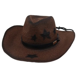 OhMill Retro Straw Wide Brim Cowboy Sun Hat with Star Beach Travel Hat Cap, UV Protection for Men Women Coffee