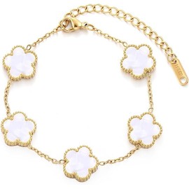 18K Gold Plated Five Leaf Clover Bracelet for Women Stainless Steel Lucky Charm Adjustable Chain Dainty Jewelry Gift for Birthday Anniversary