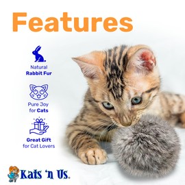Kats'N Us 2 Inch Real Rabbit Fur Pom Pom Cat Toys – Pack of 5 Soft Gray Furry Balls, Natural Prey-Like Interactive Play, Hunting Instinct Exercise & Training Toys for Indoor Cats