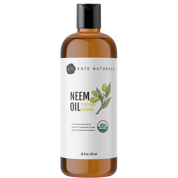 Neem Oil (16 oz) by Kate Naturals. USDA Certified Organic. 100% Pure Cold Pressed Neem Seed Oil with High Azadirachtin Content