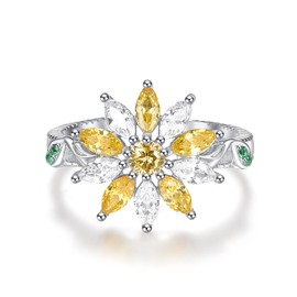 KINGWHYTE Daisy Ring 925 Sterling Silver Thumb Rings for Women Adjustable Cubic Zirconia Crystal Citrine Ring You are My Sunshine Jewellery Rings Women