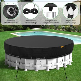 HIGHTQURO 15Ft Round Pool Cover,Heavy Duty Waterproof Round Pool Covers for Above Ground Pools with Ground Nails and Windproof Ropes,Increase Stability&Tear-Resistant, Waterproof and Dustproof, Black