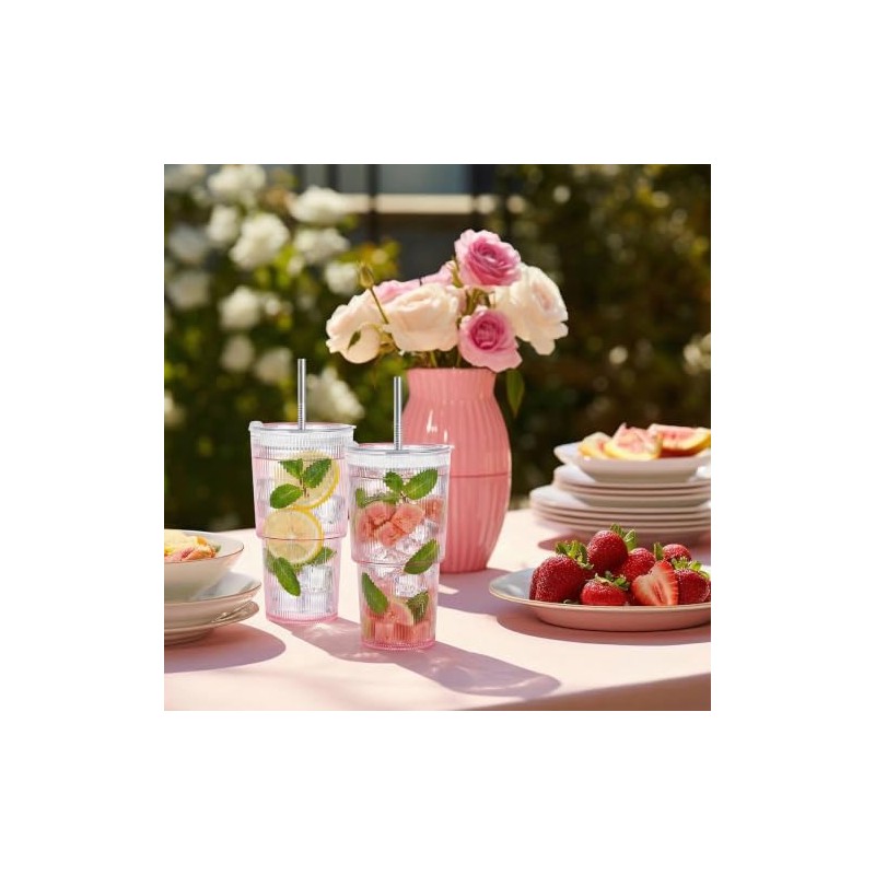 2 vasos de plástico acanalados de 20 oz con tapa