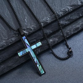 TakNii Black Cross Pendant Necklace Sterling Silver Abalone Shell Cross Necklace Christian Cross Jewelry Gifts for Women Men