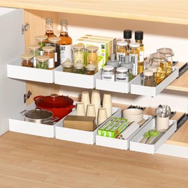 4 Pack Pull Out Cabinet Organizer, Different Size Pull Out Drawers for Cabinets, Peel and Stick Slide Out Drawer Shelves, Multifunctional Drawer Organizers for Kitchen, Pantry, Bathroom (White)