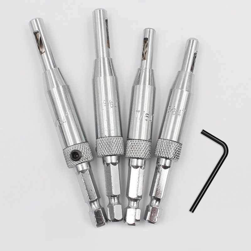 4-Piece Hinge Drill Bit Set, 1 Wrench, Drill Bit Guide,