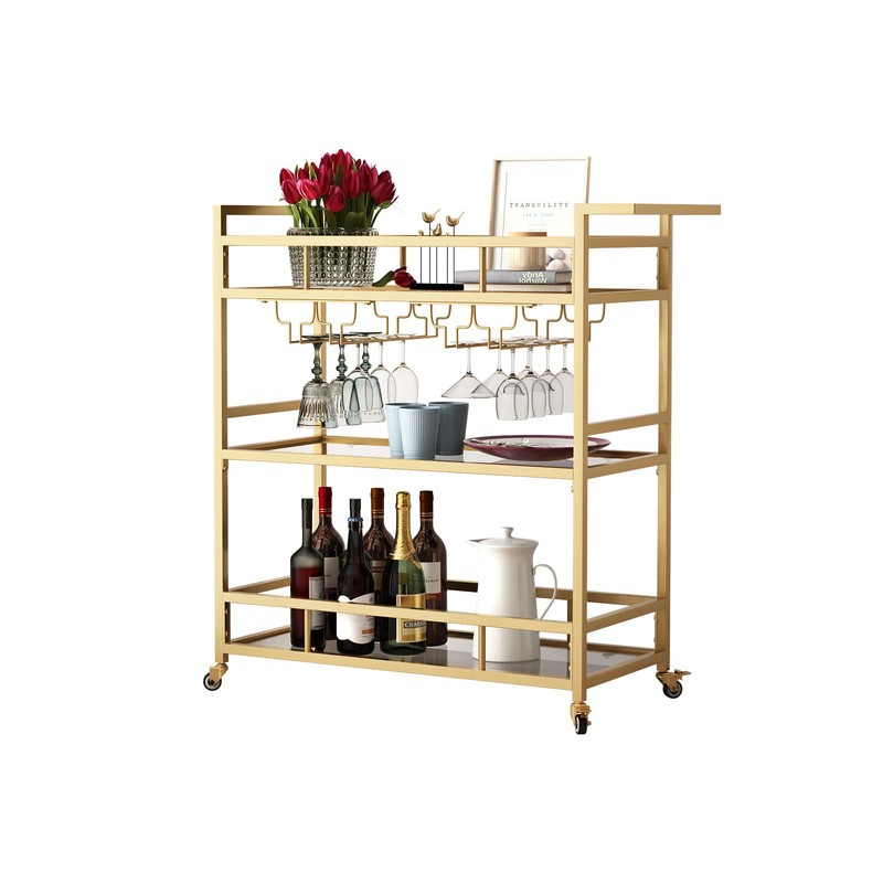 LORMITER Gold Bar Carts with 3 Tier Glass Shelves, Rolling