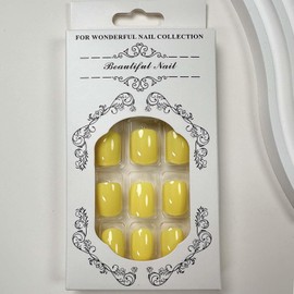 Yellow Press on Nails Short Square Fake Nails Solid Color False Nails Full Cover Glossy Acrylic Nails Reusable Artificial Stick on Nail Glue on Nail for Women Manicure 24Pcs