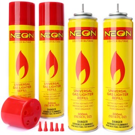 NEON Butane Fuel Refill, 300ml x 4 Cans Ultra Refined Lighter Fluid, Premium 99.999% Pure Butane Gas with Metal Nozzle and 5 Butane Adapter Tips for Torch Lighter, Kitchen Torches, Refillable Lighters