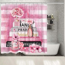 Bkyedsa Fashion Luxury Girly Shower Curtain Pink Floral Shower Curtains Perfume Waterproof Polyester Fabric Shower Curtains for Bathroom Decor with 12 Hooks, 72 x 72 Inches