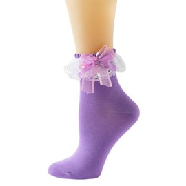 Gellwhu Lace Ruffle Frilly Socks for Women - Lace Ankle Socks with Bow - Cute Kawaii Lolita Socks (US, Alpha, 4, 9, purple 1 pair)