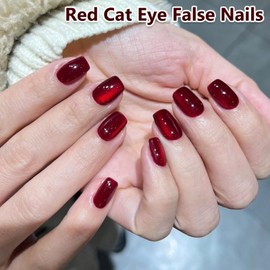 Red Square False Nails - Cat Eye Press On Nails Short - Glossy Full Cover Removable Stick on Nails with Glue - Long Lasting Cherry Red Fake nails Acrylic Glue on Nail for Women Girls