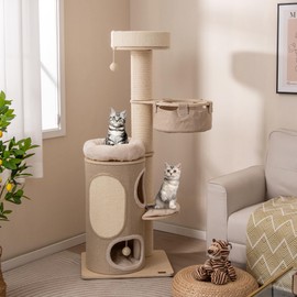 PETSITE 61 inch Cat Tree Tower, Multi-Level Cat Tower with Sisal Scratching Posts & Board, 2-Tier Cat Condo, 2 Cat Perches, Cat Basket, and Interactive Sisal Ball, Wooden Cat Tree for Indoor Cats