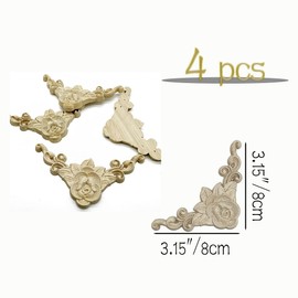 4Pcs Wood Carved Appliques Onlays Trim Handmade Carved Unpainted Door Corner Retro Decoration 3.15"x3.15" for Furniture Wall Cupboard Bed Cabinet Home