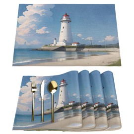 Seaside Lighthouse Placemats Set of 6 Washable Kitchen Dining Table Mats 12 x 18 Inch Modern Cloth Place Mats Non-Slip Heat Resistant Placemats for Home Farmhouse Kitchen Dinner Party Decor