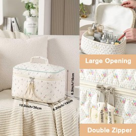 Makeup Bag Travel Toiletry Organizer,Large Quilted Cosmetic Bag for Women Make-up Bags Portable Cosmetic Brush Pouch Handle Zipper Storage Case,Cherry White